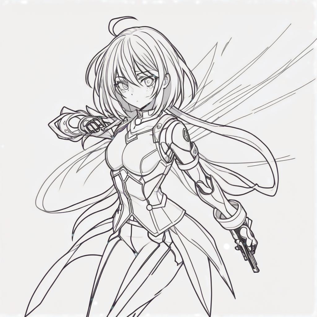  line art drawing girl shot with ptrd, battle pose, same nightmare. anime style . professional, sleek, modern, minimalist, graphic, line art, vector graphics