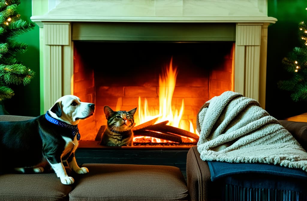  a bald dog and a cat sit on a sofa wrapped in a blanket next to a fireplace ar 3:2 {prompt}, maximum details