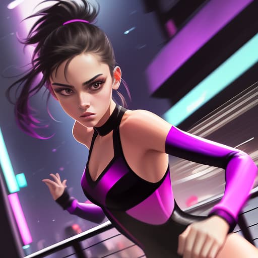  a climbing over a fence in a modern city during twilight, dressed in fashionable party clothes. her hair is styled in a trendy id or a sleek ponytail. in the background, neon signs and lights illuminate the way to a distant nightclub, where the beats of modern dance music can be felt. the scene is filled with energy, youth, and freedom. the style should resemble modern dance track covers: bright colors, high contrast shadows, and gradient effects to evoke a sense of motion and rhythm. sketch of a flat oil painting, watercolor