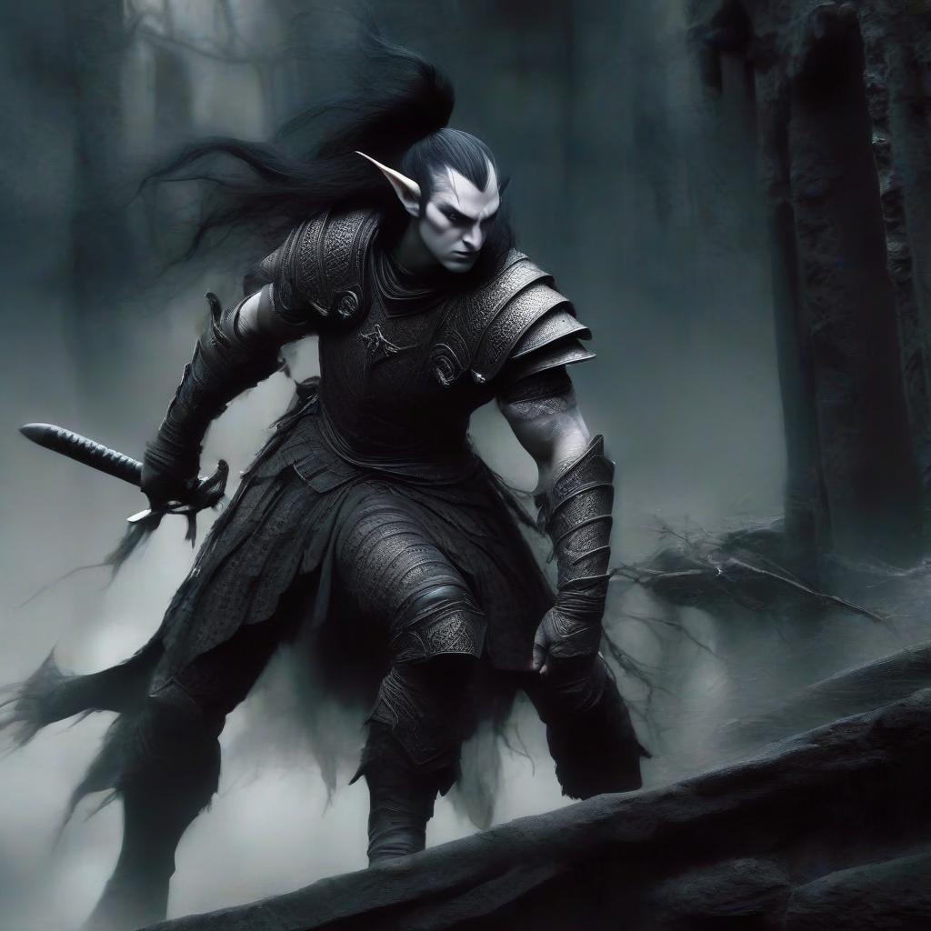  macabre style a noble white skinned slender elf fighter with black hair, in leather and steel openwork armor, shoulder pads and elbows, with a sword in his hand. full height in a dark room with black columns. . dark, gothic, grim, haunting, highly detailed, perfecteyes, perfect hands