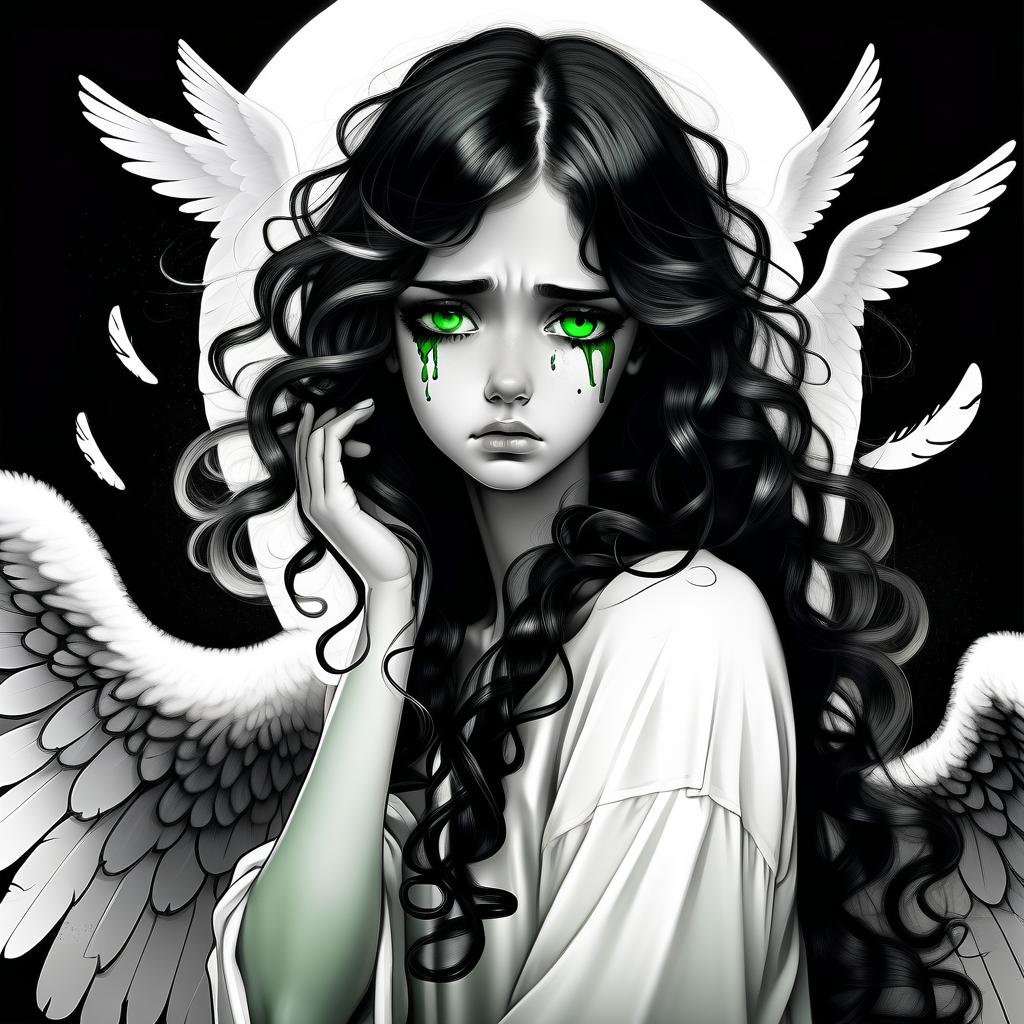  1) a very sad angel in tears, 2) one wing white, the other black, open (3) curly black and white hair, the right half of the hair on the head is white, the left half of the hair on the head is black. 4) angel takes off (5) black and white art 6) green eyes remaining black and white (7) in wounds