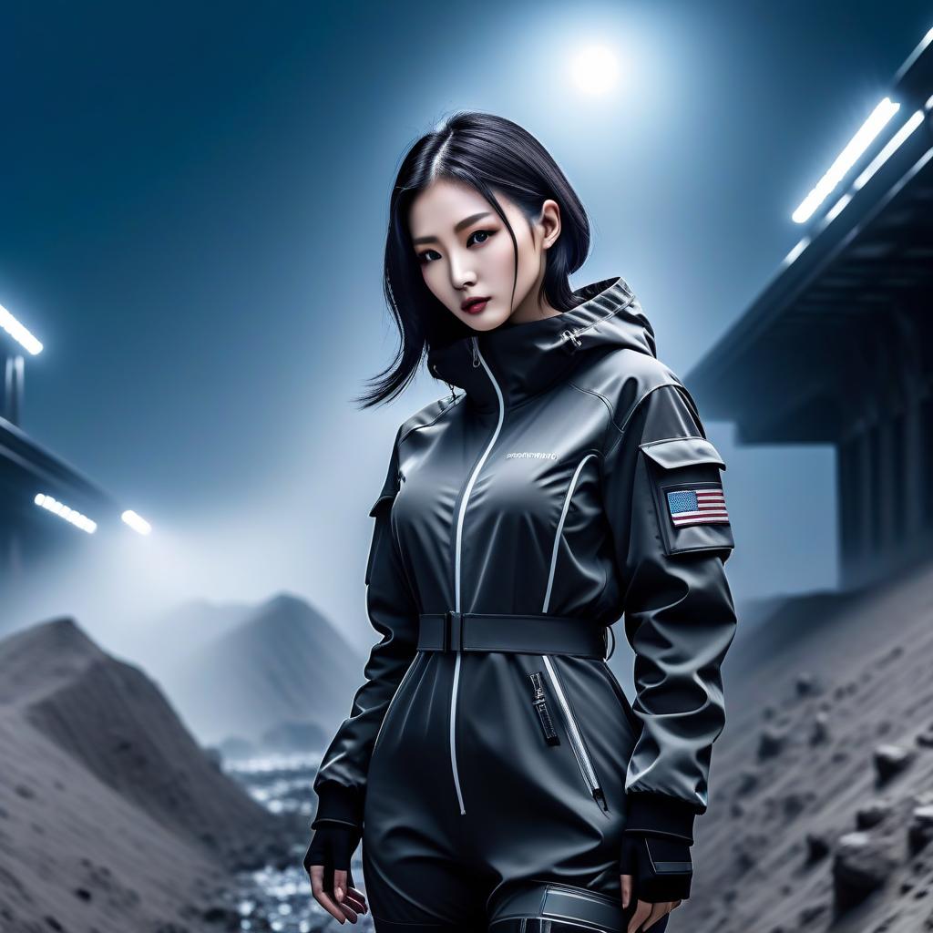  techwear fashion china turns lunar soil into a source of water . futuristic, cyberpunk, urban, tactical, sleek, dark, highly detailed, logo hyperrealistic, full body, detailed clothing, highly detailed, cinematic lighting, stunningly beautiful, intricate, sharp focus, f/1. 8, 85mm, (centered image composition), (professionally color graded), ((bright soft diffused light)), volumetric fog, trending on instagram, trending on tumblr, HDR 4K, 8K