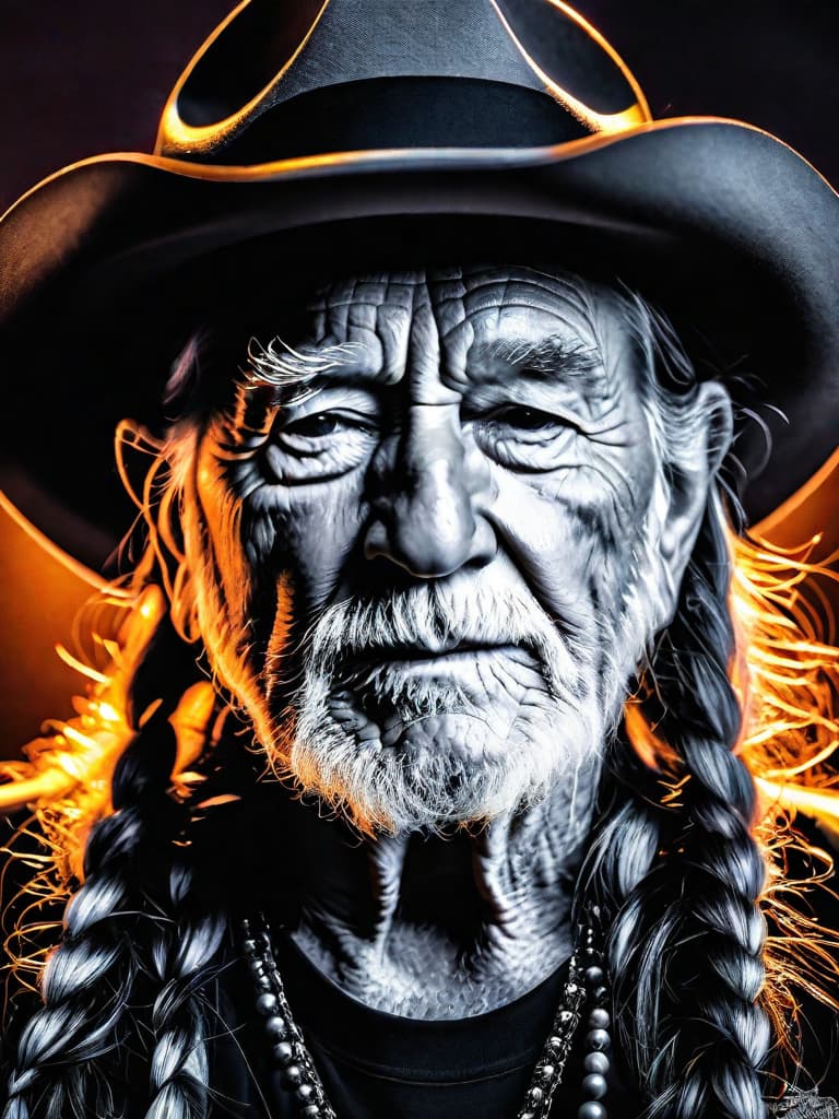  Singer Willie Nelson, medium shot, upper body, spotlight, long exposure lighting, street art style spray paint, glamour lighting