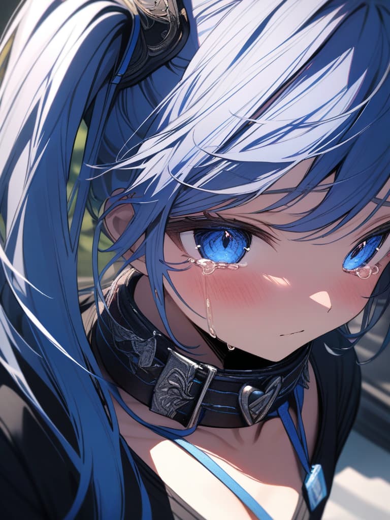  twin tails, blue hair, , , crying face,, small s,,,,,,, with a lock, s, skin, a collar, gles , gles , ren wearing gles, ren, masterpiece, best quality,8k,ultra detailed,high resolution,an extremely delicate and beautiful,hyper detail