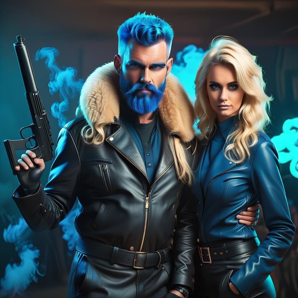  a man with a blue beard with a rifle and a blonde woman in a leather coat standing next to him, t shirt design, glowneon