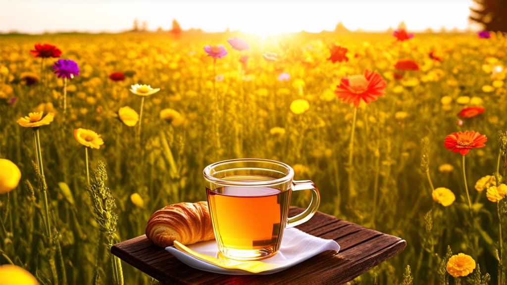  morning, dawn in a field with many colorful flowers, in the center beautifully glowing glass mug of tea with lemon, next to a napkin with a croissant, rays of sunlight streaming across the field, a beautiful play of light ar 16:9 {prompt}, maximum details