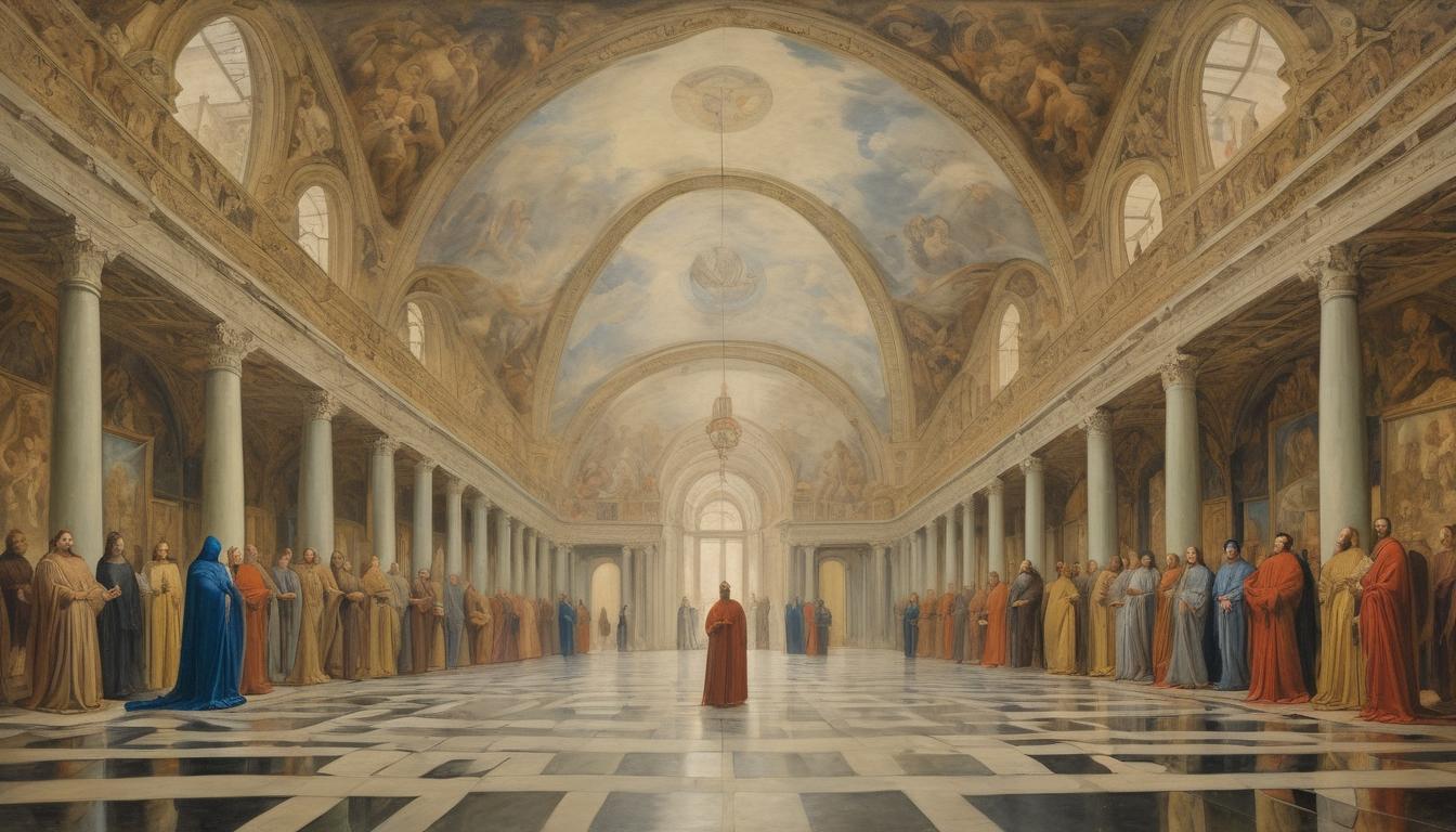  on parchment, surrealism++, a grand hall of mirrors, reflections of varied figures in robes, indistinct faces, all converging towards a single point at the center, introspective, converging, spectral(mysterious, provocative, symbolic)++