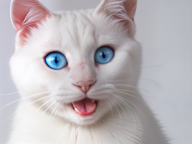  beautiful fluffy white blue eyed cat smiles and holds roses in his paws on a white background