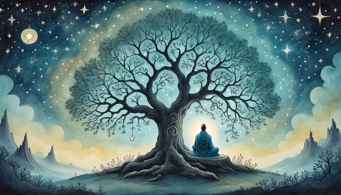  on parchment, surrealism+++, a robed figure meditating under a glowing tree, stars twinkling above, serene, divine connection, inner peace(mysterious, provocative, symbolic,muted color)+++