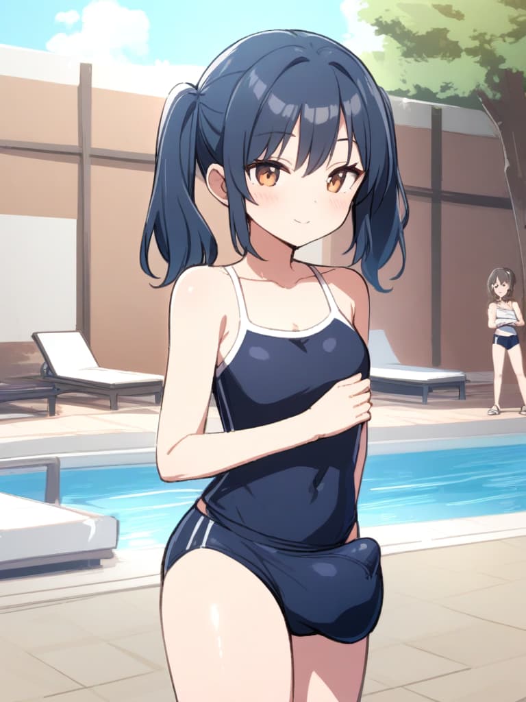  women's elementary students (male), twin tails, cute smiles, rich s, low stature, dark blue swimwear, old swimwear, , simple, , (bulge), male (bulging), front, whole body, pool side,