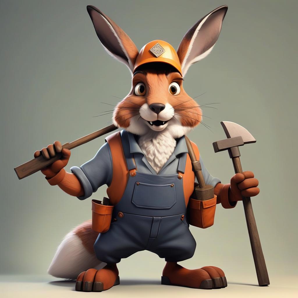  a cross between a hare and a fox, dressed as a miner, one person