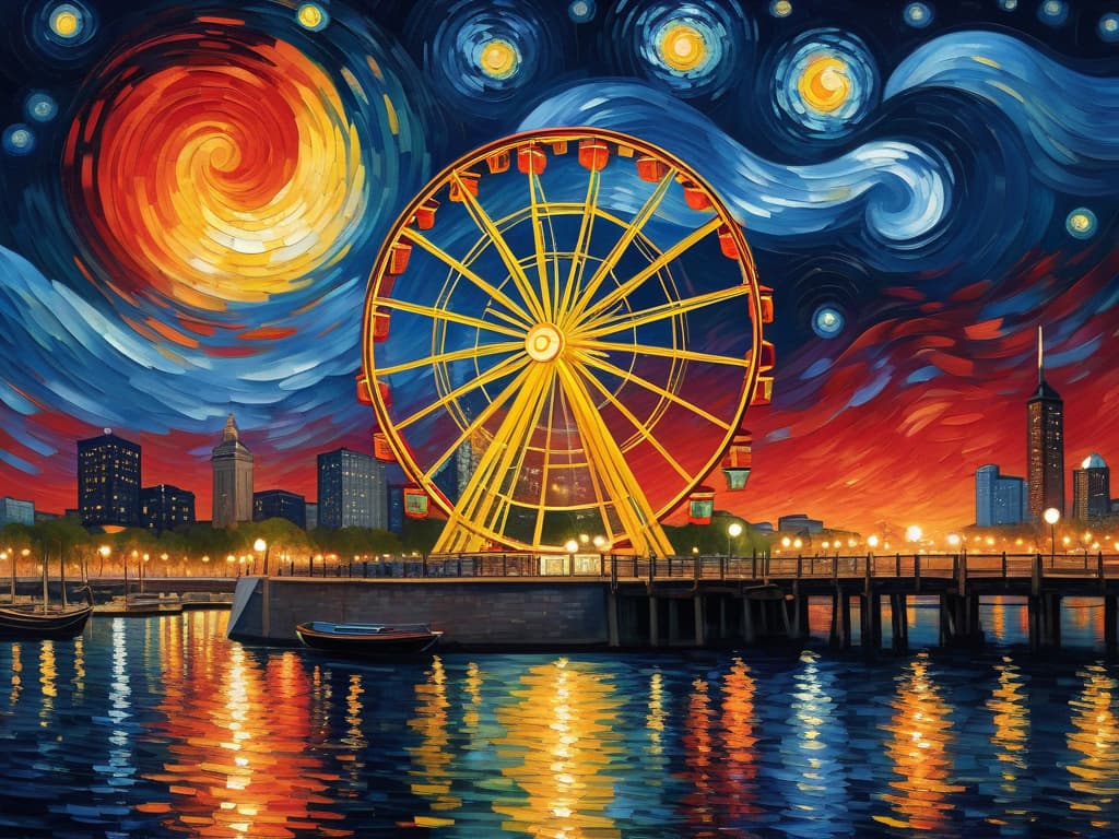  concept art chicago’s centennial ferris wheel, chicago’s navy pier, van gogh's starry starry night with colorful red and orange swirls in the beautiful night sky, chicago skyline with colorful van gogh swirls in the sky, hyper realistic, chicago skyline, mesmerizing, intricate details, flambient golden and red sunrise, dramatic lighting, epic composition, wide angle, cinematic, masterpiece, high resolution, sharp details, best quality, 4k, raw photo, van gogh influence, studio lighting, impressionist, bold colors, starry sky, architectural elements, medium format lens, high angle, cityscape, city life, metropolitan, van gogh's brushstrokes, van gogh's shadows, van gogh's colors, van gogh's textures, nighttime, city scene, streets, night