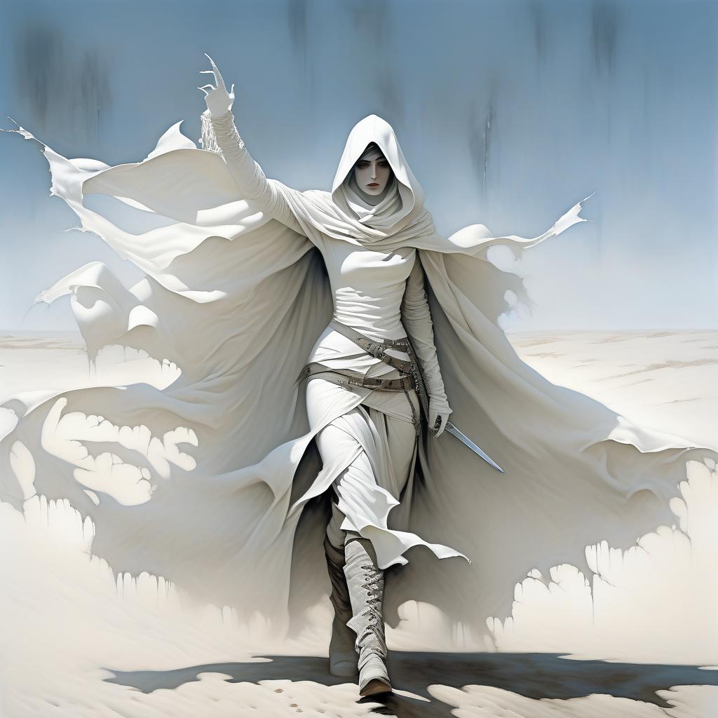  macabre style fantasy girl in a white scarf on the lower part of her face, in a white, white ragged, leaky cloak, in white gloves. black and steel buckle on the chest, on the cloak. . dark, gothic, grim, haunting, highly detailed