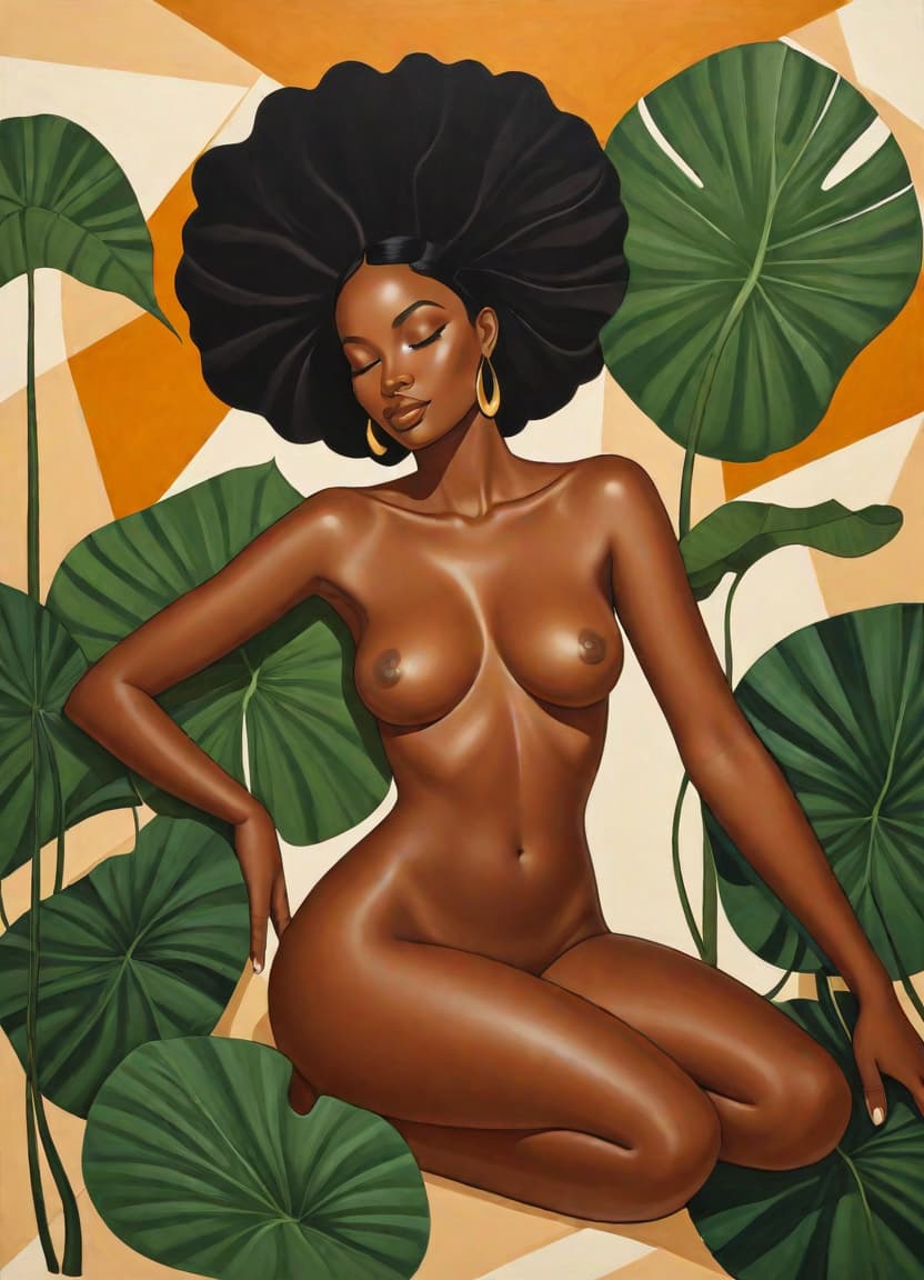  minimalism, painting of a beautiful black woman. she lays, surrounded elephant ear leaves. naked. she has brown legs. she has brown feet. she is in a divine pose., abstract, simple geometic shapes, hard edges, sleek contours, minimalism