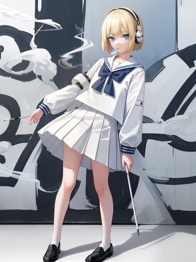  a who smokes a cigarette, a white sailor suit, a white pleated , a whole body, black loafers, blue eyes, blonde bob hair, summer sailor, standing, white sailor suit, red headphones, 綣headphones, many hairpins on bangs, heart tattoo on the back of the hand, masterpiece, best quality,8k,ultra detailed,high resolution,an extremely delicate and beautiful,hyper detail