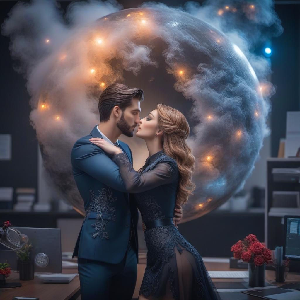  Office romance hyperrealistic, full body, detailed clothing, highly detailed, cinematic lighting, stunningly beautiful, intricate, sharp focus, f/1. 8, 85mm, (centered image composition), (professionally color graded), ((bright soft diffused light)), volumetric fog, trending on instagram, trending on tumblr, HDR 4K, 8K