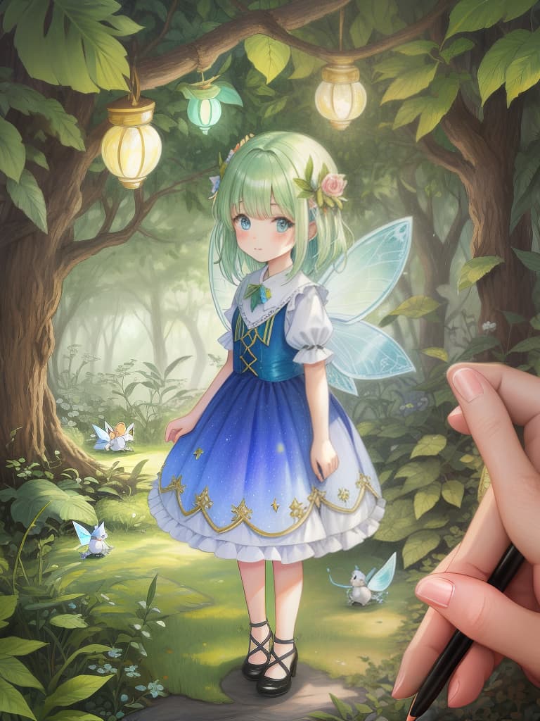  (drawing style,sketchbook drawing),in the forest,palm sized fairies (close up: small fairies): 1.5,small multiple pale lights,(colored pencil drawing giving soft impression throughout),super detailed,high resolution,absurd employed,