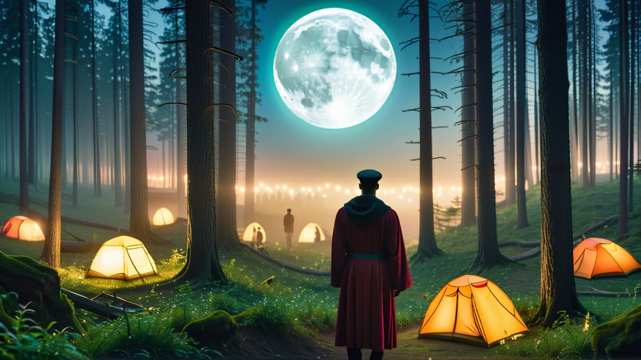  a shadowy figure in a dimly lit forest whispers to a group of intrigued listeners, surrounded by glowing urban legend symbols, while a full moon casts eerie light on their captivated faces. hyperrealistic, full body, detailed clothing, highly detailed, cinematic lighting, stunningly beautiful, intricate, sharp focus, f/1. 8, 85mm, (centered image composition), (professionally color graded), ((bright soft diffused light)), volumetric fog, trending on instagram, trending on tumblr, HDR 4K, 8K