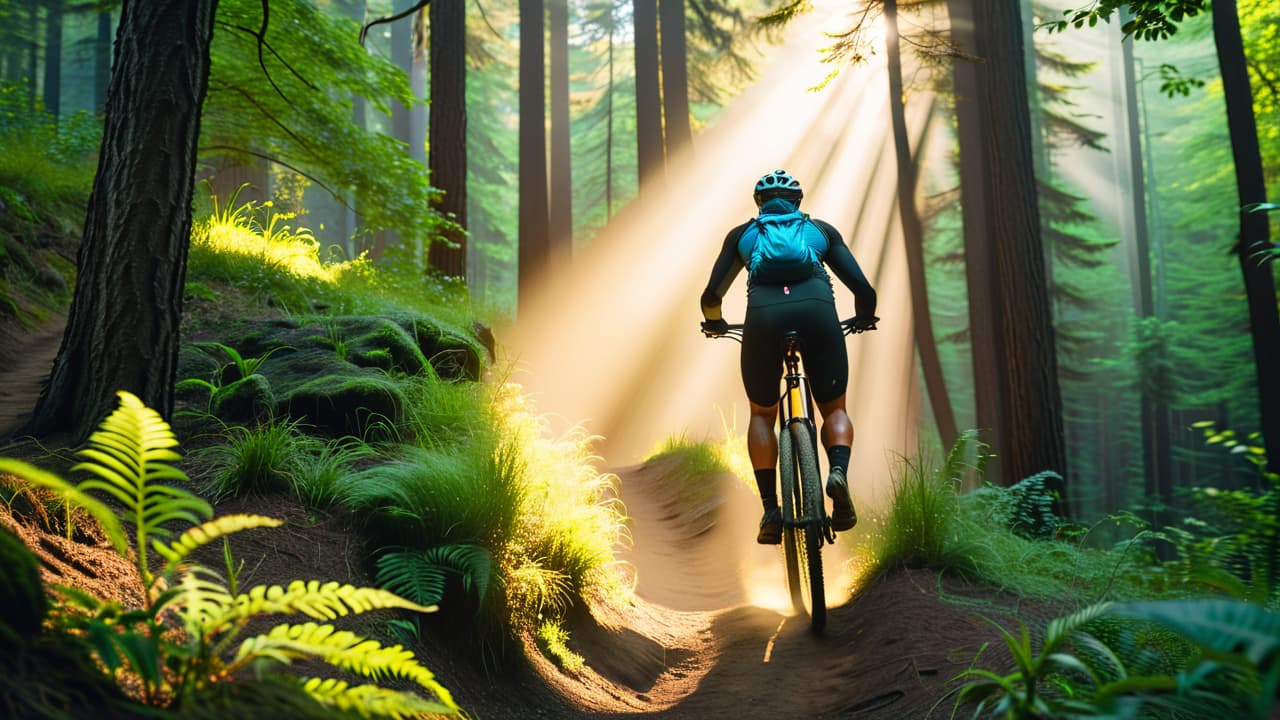  a dynamic scene of a mountain biker navigating a rugged trail, showcasing toned muscles in action, surrounded by lush greenery and rocky terrain, with sunlight filtering through trees, capturing the essence of fitness and adventure. hyperrealistic, full body, detailed clothing, highly detailed, cinematic lighting, stunningly beautiful, intricate, sharp focus, f/1. 8, 85mm, (centered image composition), (professionally color graded), ((bright soft diffused light)), volumetric fog, trending on instagram, trending on tumblr, HDR 4K, 8K