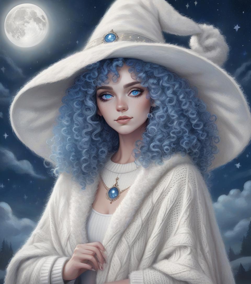  woman with blue curly hair, big white witch hat, white vintage sweater, gray bearskin cape, blue eyes, big full moon in the background, night with stars