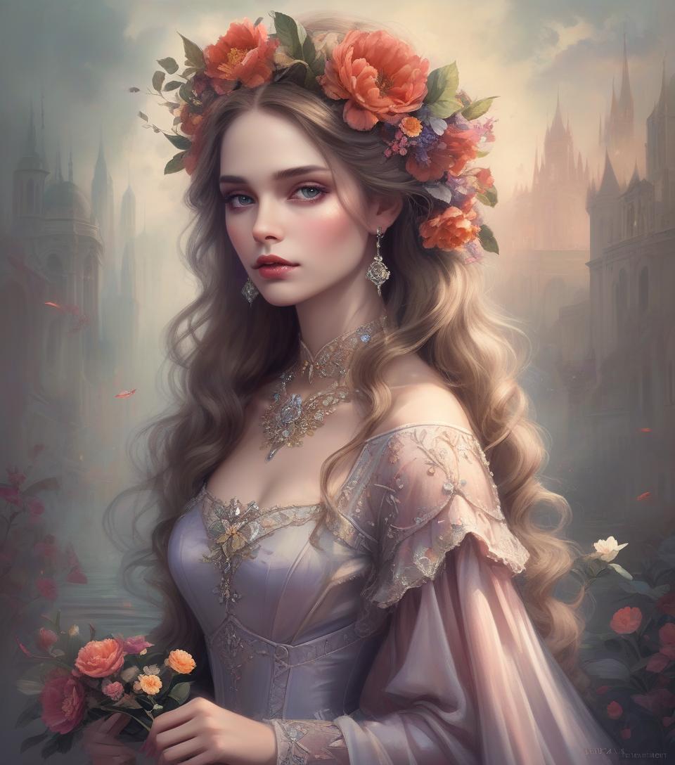  there is a woman with a flower in her hair and a dress, beautiful fantasy art portrait, beautiful fantasy portrait, beautiful fantasy painting, exquisite digital art, fantasy victorian art, exquisite digital illustration, romanticism painting, very beautiful fantasy art, gothic painting, stunning digital art, gorgeous digital painting, stunning digital painting, very beautiful digital art, gothic princess portrait, gorgeous digital art