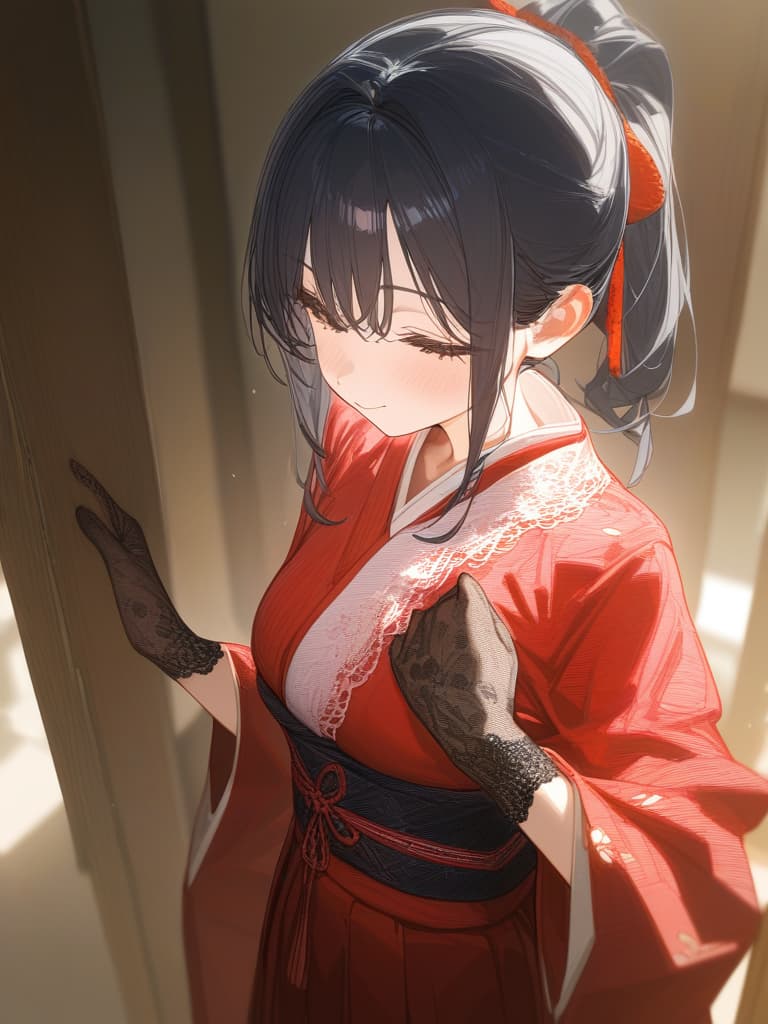  girl, cute face, frill lace, solo, hair ribbon, meiji era, kimono, hakama, black hair, black lace gloves, red kimonos, masterpiece, best quality,8k,ultra detailed,high resolution,an extremely delicate and beautiful,hyper detail