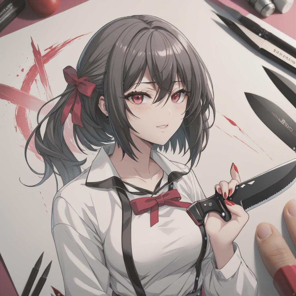  line art drawing yandere, with knife. psycho smile . professional, sleek, modern, minimalist, graphic, line art, vector graphics hyperrealistic, full body, detailed clothing, highly detailed, cinematic lighting, stunningly beautiful, intricate, sharp focus, f/1. 8, 85mm, (centered image composition), (professionally color graded), ((bright soft diffused light)), volumetric fog, trending on instagram, trending on tumblr, HDR 4K, 8K