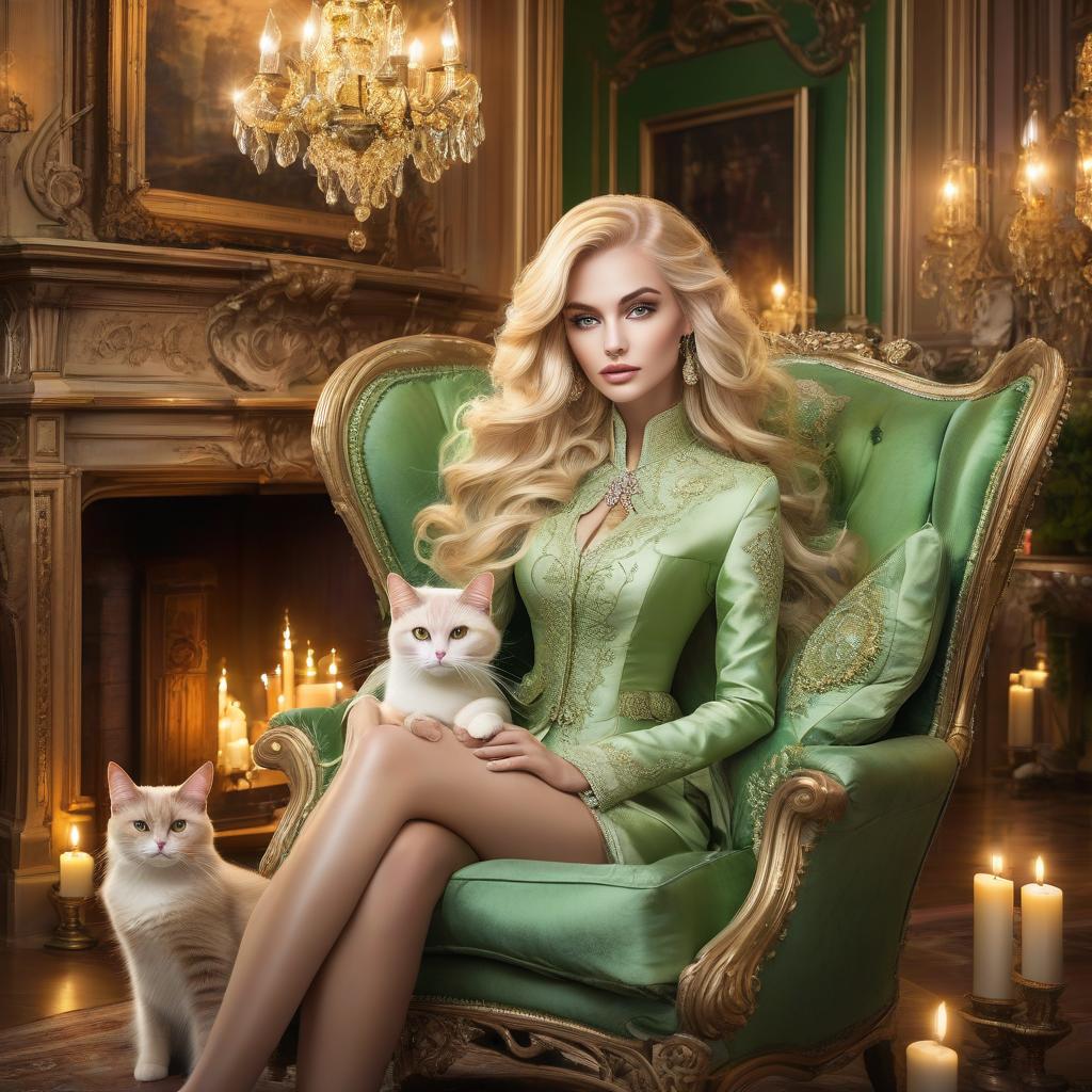  beautiful girl blonde, with attractive green eyes, elegantly and relaxed sits in a chair, she has a cat curled up in a tangle on her legs, next to fireplaces, chandeliers, various interior details, fire yellow tones, cozy house, warm lighting, excellent quality, high detail