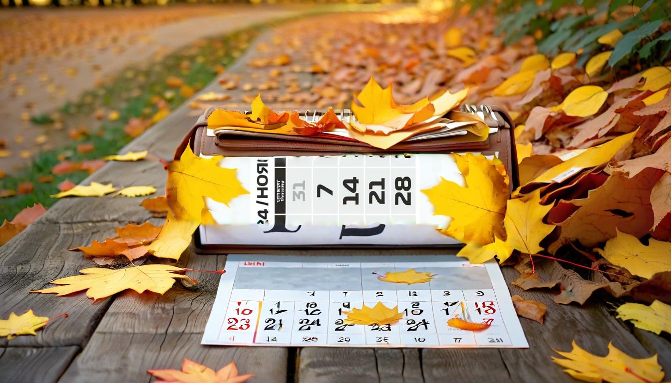  cinematic photo on the table is a calendar, covered at the edges by fallen leaves, yellow and orange falling leaves lie and fall, changes only under the mask . 35mm photograph, film, bokeh, professional, 4k, highly detailed, film photography style