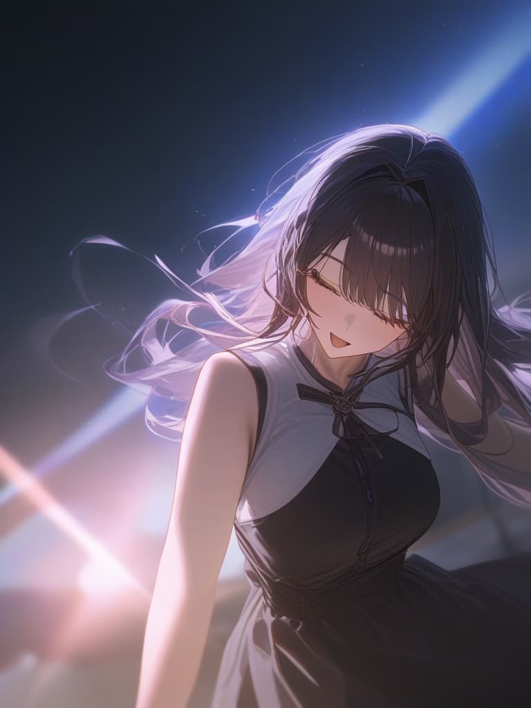  a girl laughing at me, bright brown hair, long hair, transparent ephemeral, black sleeveless dress, white cardigan, whole body facing in front, laughing, laughing, starry sky under the whole body, facing here, masterpiece, best quality,8k,ultra detailed,high resolution,an extremely delicate and beautiful,hyper detail hyperrealistic, full body, detailed clothing, highly detailed, cinematic lighting, stunningly beautiful, intricate, sharp focus, f/1. 8, 85mm, (centered image composition), (professionally color graded), ((bright soft diffused light)), volumetric fog, trending on instagram, trending on tumblr, HDR 4K, 8K