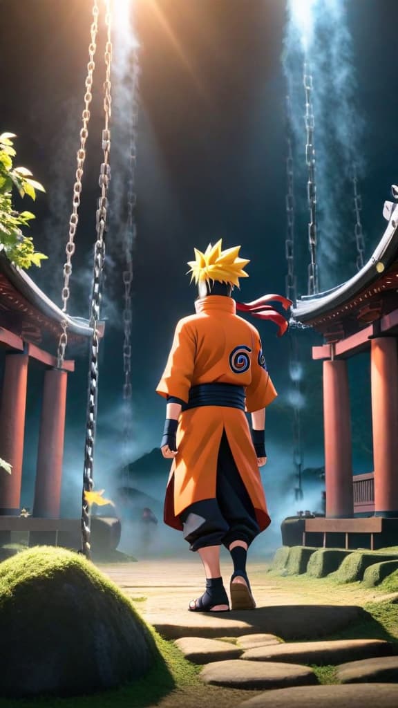  naruto sensing falseness in perfect world bound by chains, breaking free with blazing eyes, anime art naruto hyperrealistic, full body, detailed clothing, highly detailed, cinematic lighting, stunningly beautiful, intricate, sharp focus, f/1. 8, 85mm, (centered image composition), (professionally color graded), ((bright soft diffused light)), volumetric fog, trending on instagram, trending on tumblr, HDR 4K, 8K