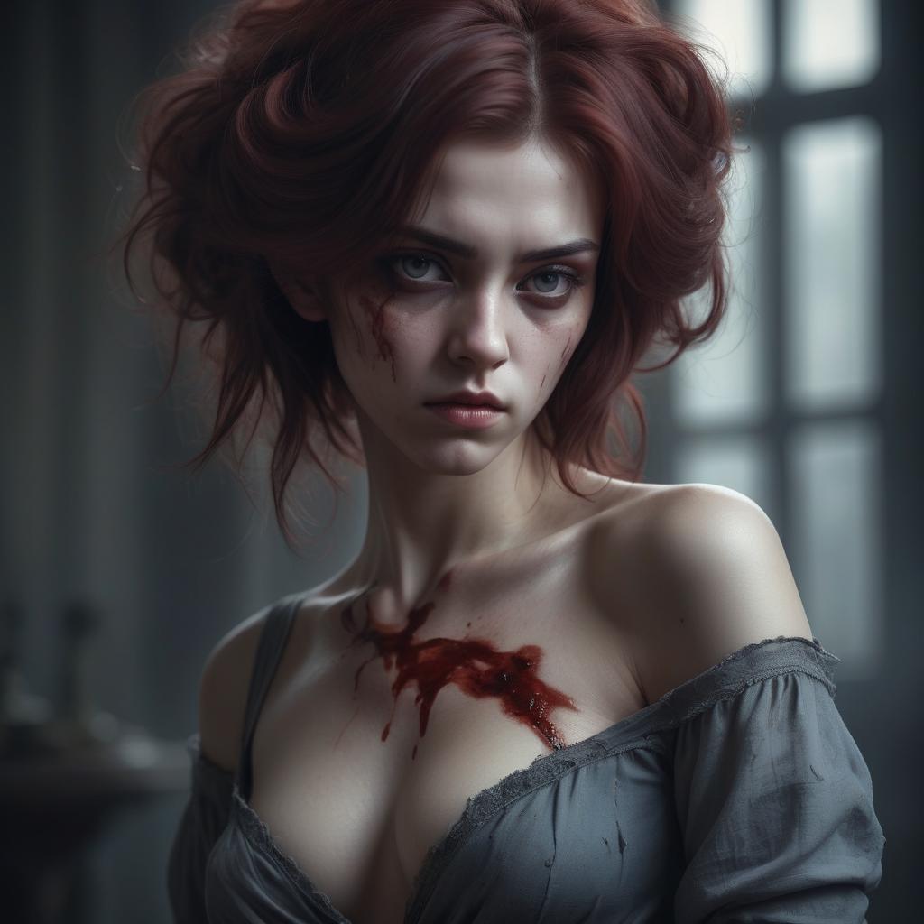  a girl with a brooding look, bloody hair, graceful and beautiful figure, high detail, soft light, artistic style, mysterious atmosphere