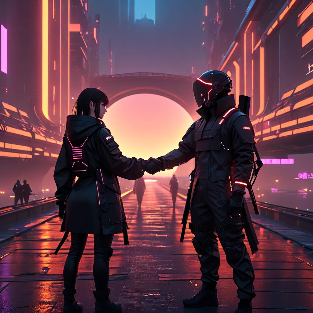  techwear fashion handshake at dawn, background bred bridges over the sea . futuristic, cyberpunk, urban, tactical, sleek, dark, highly detailed, glowneon