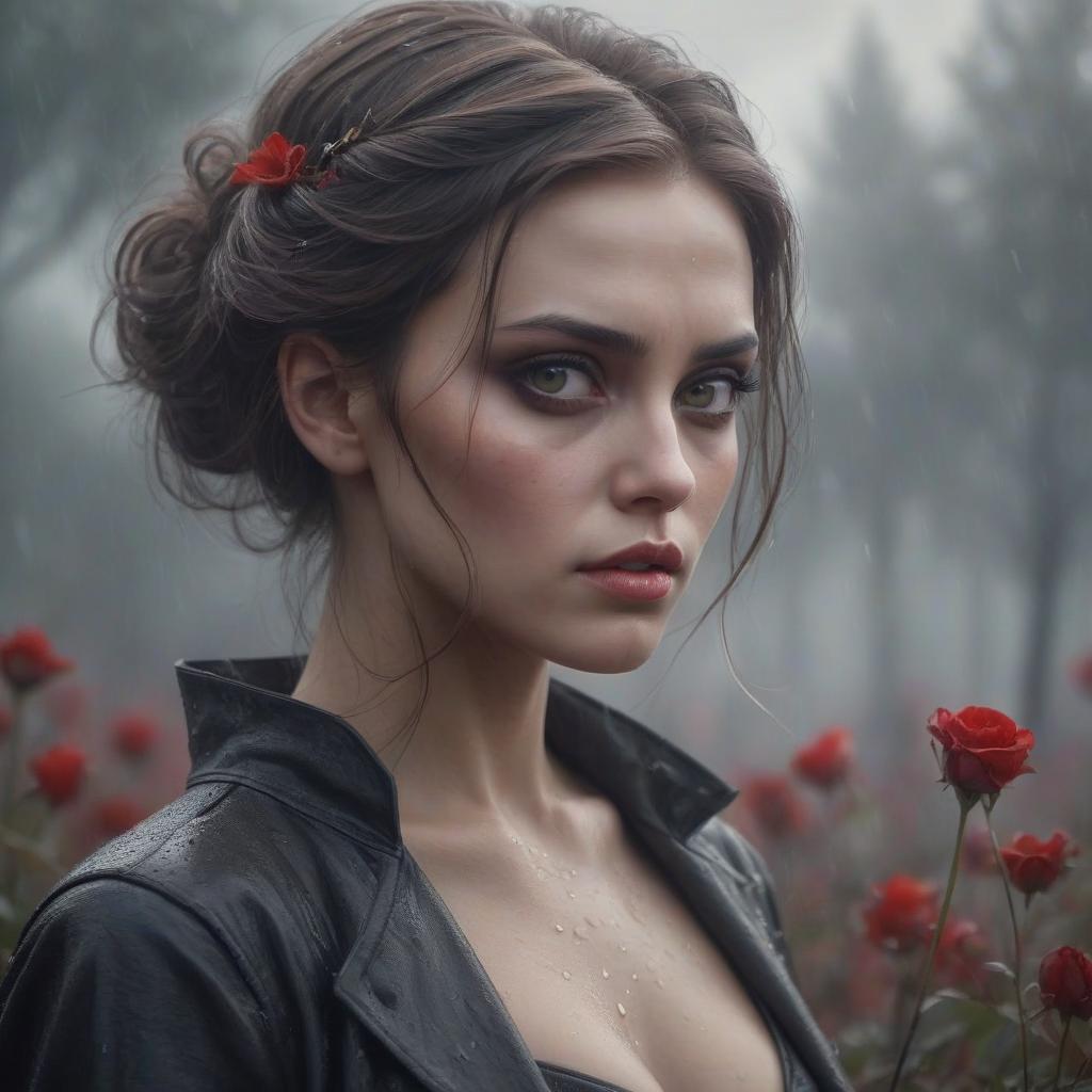  a girl with a brooding look and bloody hair, a graceful and beautiful figure with features reminiscent of angelina jolie and jessica alba bright lips high cheekbones and expressive eyes. high detail, around it gentle twinkling fire, half brown flowers winding around, a dull background with fog and soft light, a mysterious and slightly gloomy atmosphere, a light wind moves hair and clothes, rain drops sparkle on the skin