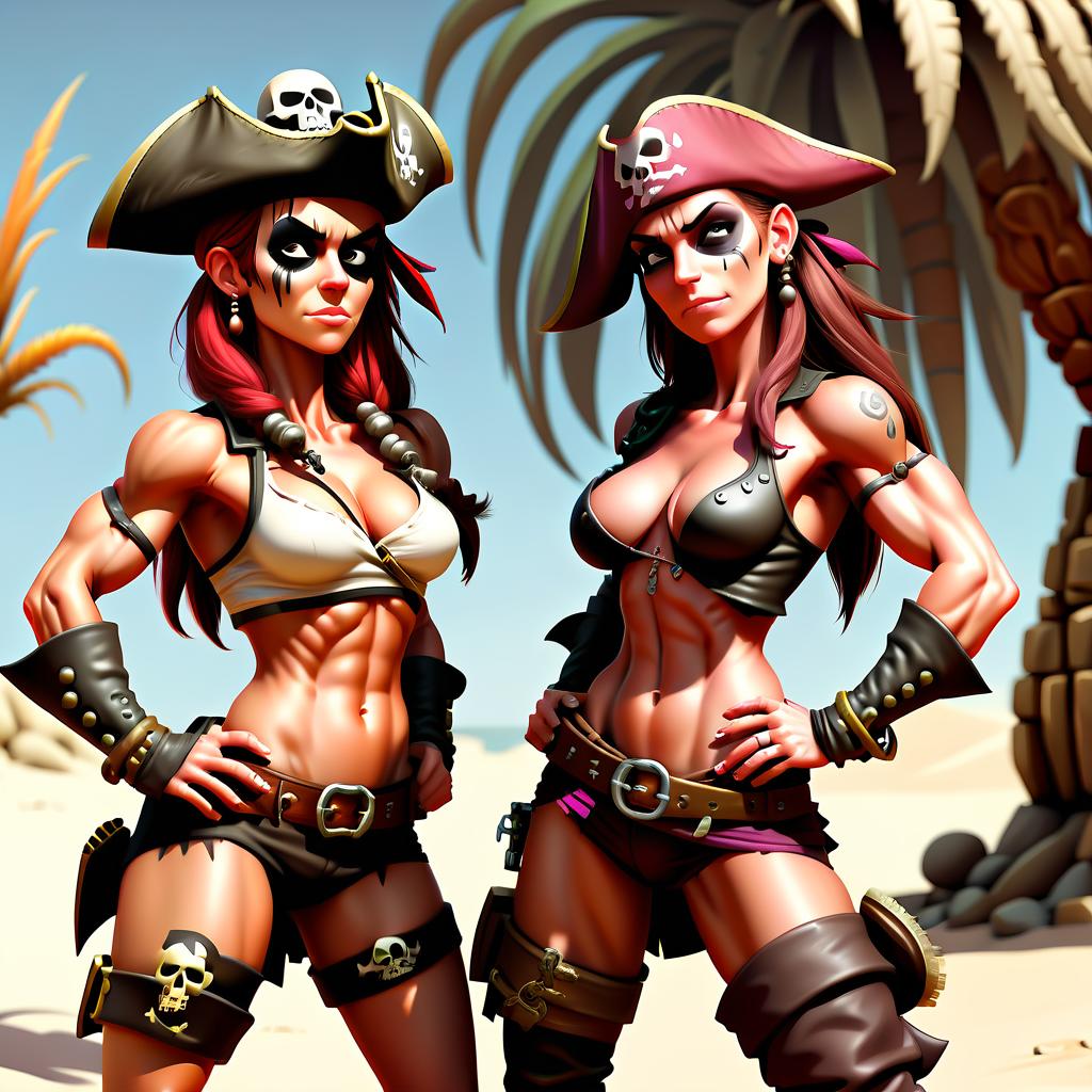  two muscular pirate girls on a desert island