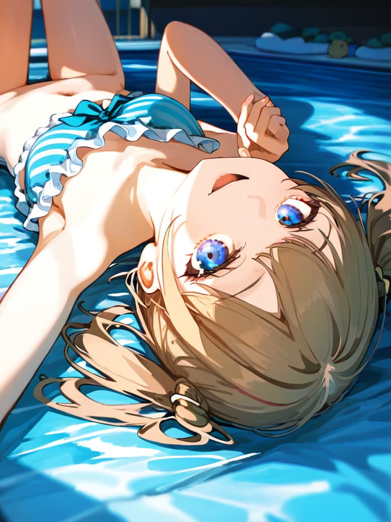  ultra detailed:1.2,masterpiece:1.2,best quality,masterpiece,bestquality,hdr:1.1,8k:1.1,very cute girl:1.3,(blue color,frill swimwear:1.6),(lying,at striped float bed on sea:1.8) ,smile:1.4 ,(blonde hair,twin tail,drill hair:1.3) ,(on the sea:1.7),cowboy shot:1.3,dutch angel:1.5,open mouth,(upside down:1.7)(from above:1.1)((eyes highlight:1.1))