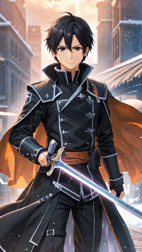  anime art: kirito from sword art online mastering mechanics instinctively, connected to the game's core. hyperrealistic, full body, detailed clothing, highly detailed, cinematic lighting, stunningly beautiful, intricate, sharp focus, f/1. 8, 85mm, (centered image composition), (professionally color graded), ((bright soft diffused light)), volumetric fog, trending on instagram, trending on tumblr, HDR 4K, 8K