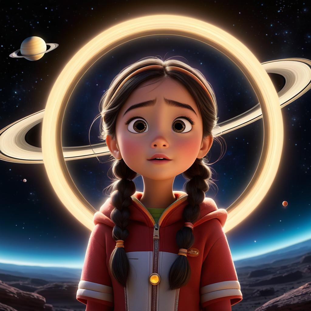  in 3d animated movie style. disney pixar style. lily, a old , gazes in awe at saturn's rings, accompanied by saturn, old and wise, and martians. the scene is set against the dark expanse of space, with saturn's rings gleaming like diamonds. the art style is high resolution pixar 3d animated film style with detailed rendering, featuring bright, soft lights and a warm ambiance. the camera angle is a bird's eye view capturing lily's wonder and amazement.