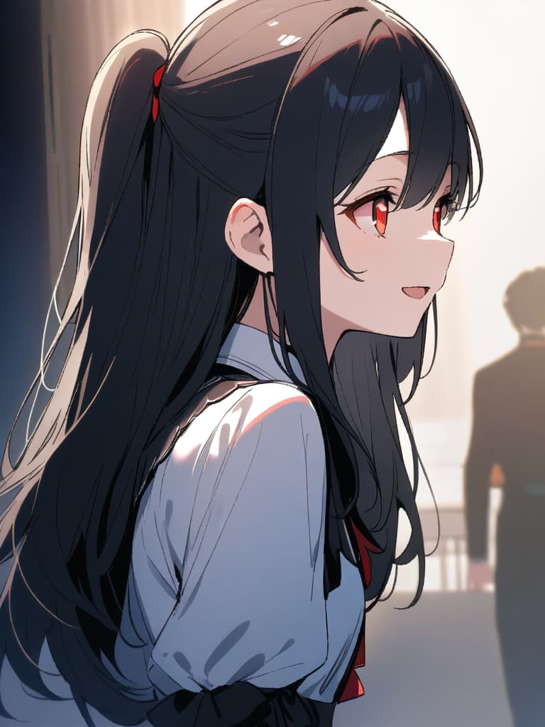  ultra detailed:1.2,masterpiece:1.2,best quality,masterpiece,bestquality,hdr:1.1,8k:1.1,very cute girl:1.3,((black hair,half up,long hair:1.9)),(short twintail:1.7),(red eyes,almond eyes:1.8),(cute smile:1.7),(harf open mouth:1.4),(upper body,from side:1.2)face focus:0.7,(black gothic lolita:1.6),looking away