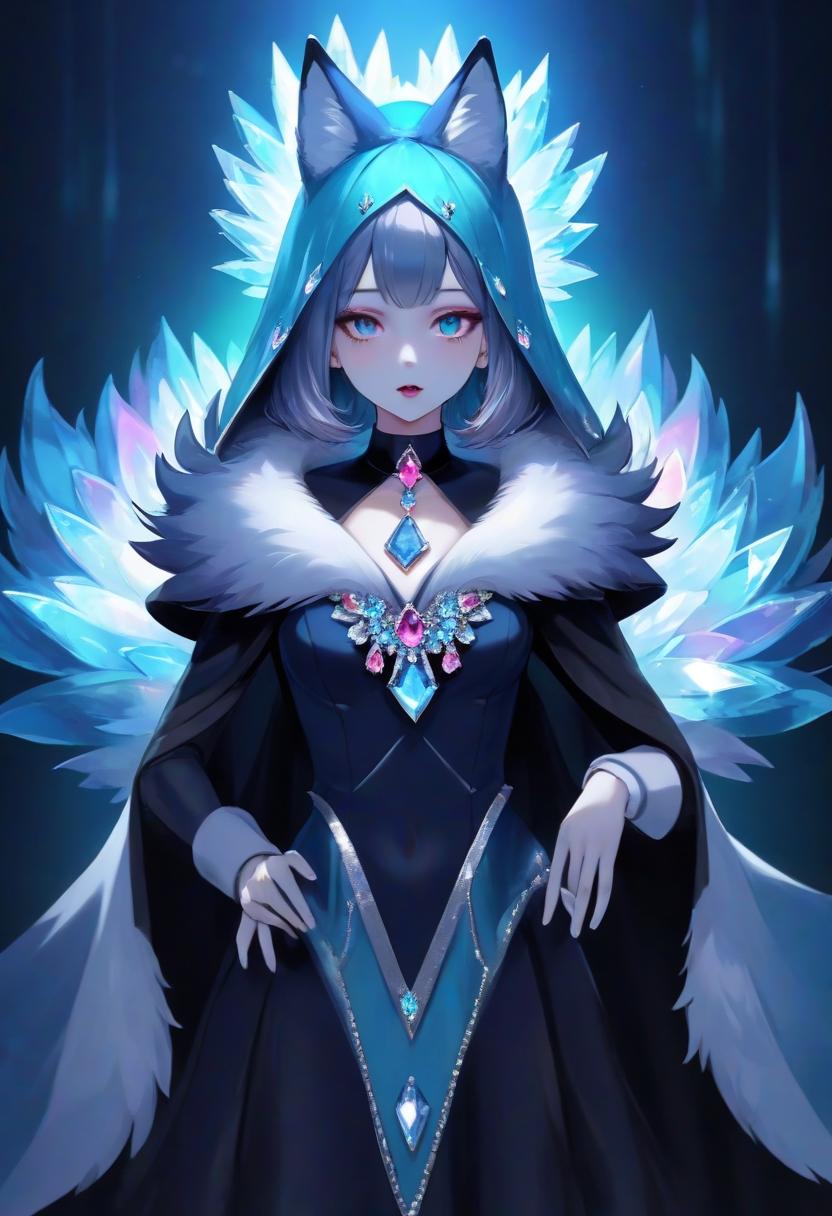  girl from crystals. diadem in the form of fox ears from crystals. collar fan of colored crystals.velvet cape