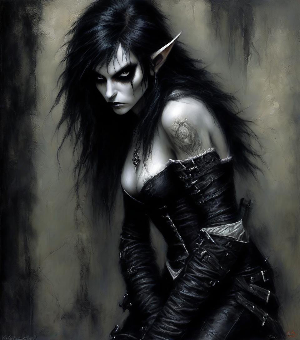  macabre style dark fantasy. a very thin girl elf thief fighter with white alabaster skin, with black straight hair, in a leather black and white open corset, in black leather pants, in wrists. in the dark hallway. beautiful eyes in a dark carcass. . dark, gothic, grim, haunting, highly detailed, hkmagic, oil painting