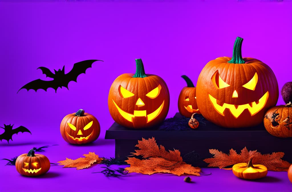  professional detailed photography, carved pumpkins and bats on a vibrant purple backdrop for halloween fun! ar 3:2, (muted colors, dim colors, soothing tones), (vsco:0.3)