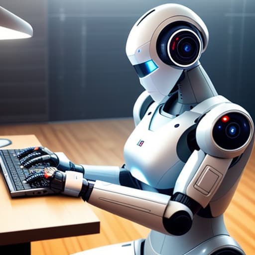  ai robot sitting at a computer typing hyperrealistic, full body, detailed clothing, highly detailed, cinematic lighting, stunningly beautiful, intricate, sharp focus, f/1. 8, 85mm, (centered image composition), (professionally color graded), ((bright soft diffused light)), volumetric fog, trending on instagram, trending on tumblr, HDR 4K, 8K