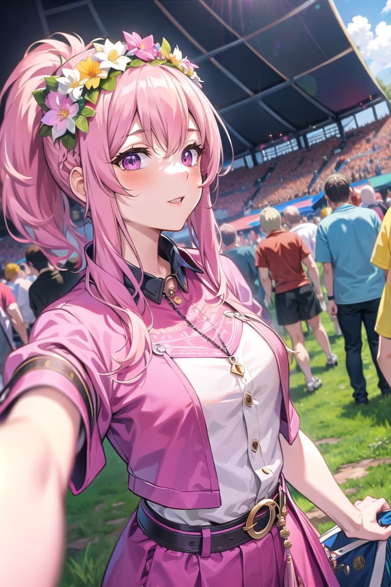  r 18, , middle , ,random situation, pink haired ,ponytail,large eyes,selfie at a music festival, flower crown, boho style