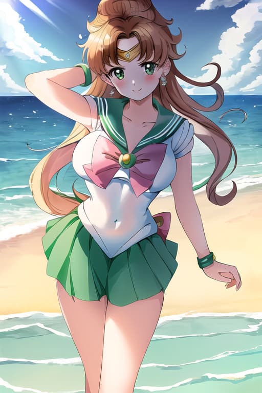  (sailor jupiter:1.3), (masterpiece), (highest quality), (intricate), (high detail),girl at beach, an extremely detailed illustration of a cute beautiful women on the sea beach, detailed water, masterpiece, best quality, high quality, solo