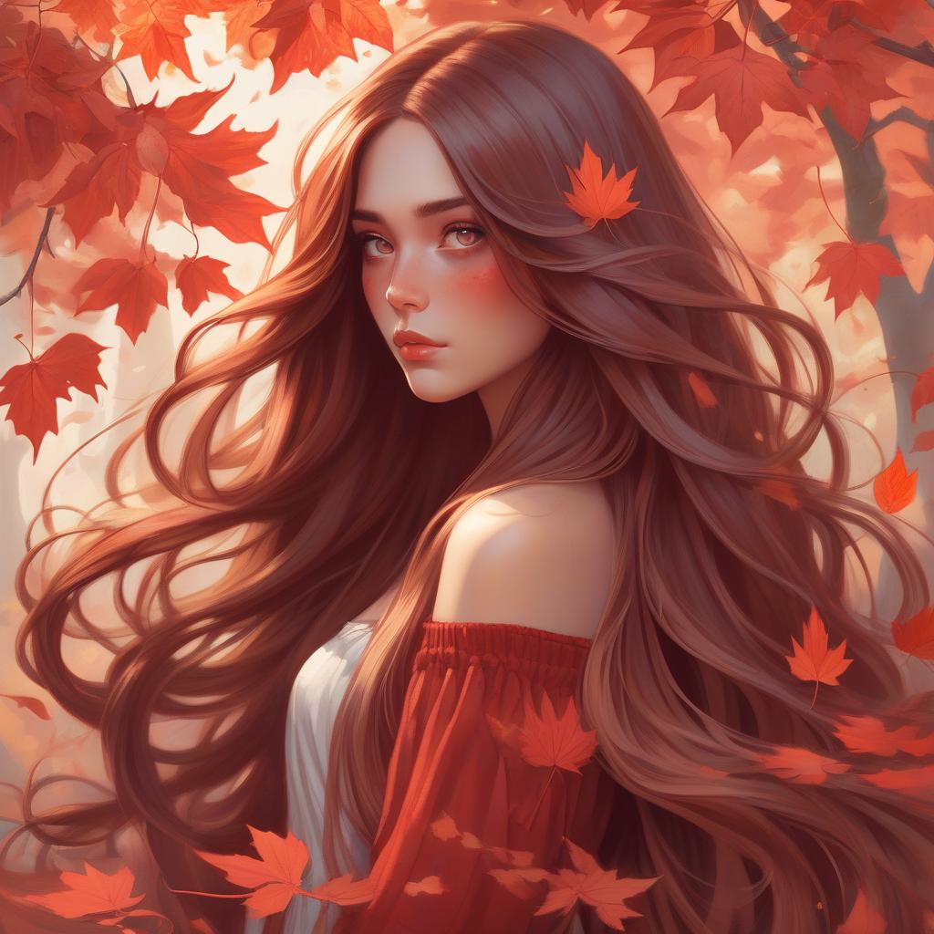  girl with super long hair, hair becoming autumn red leaves, digital painting, detailed eyes, art by artgerm and greg rutkowski and alphonse mucha