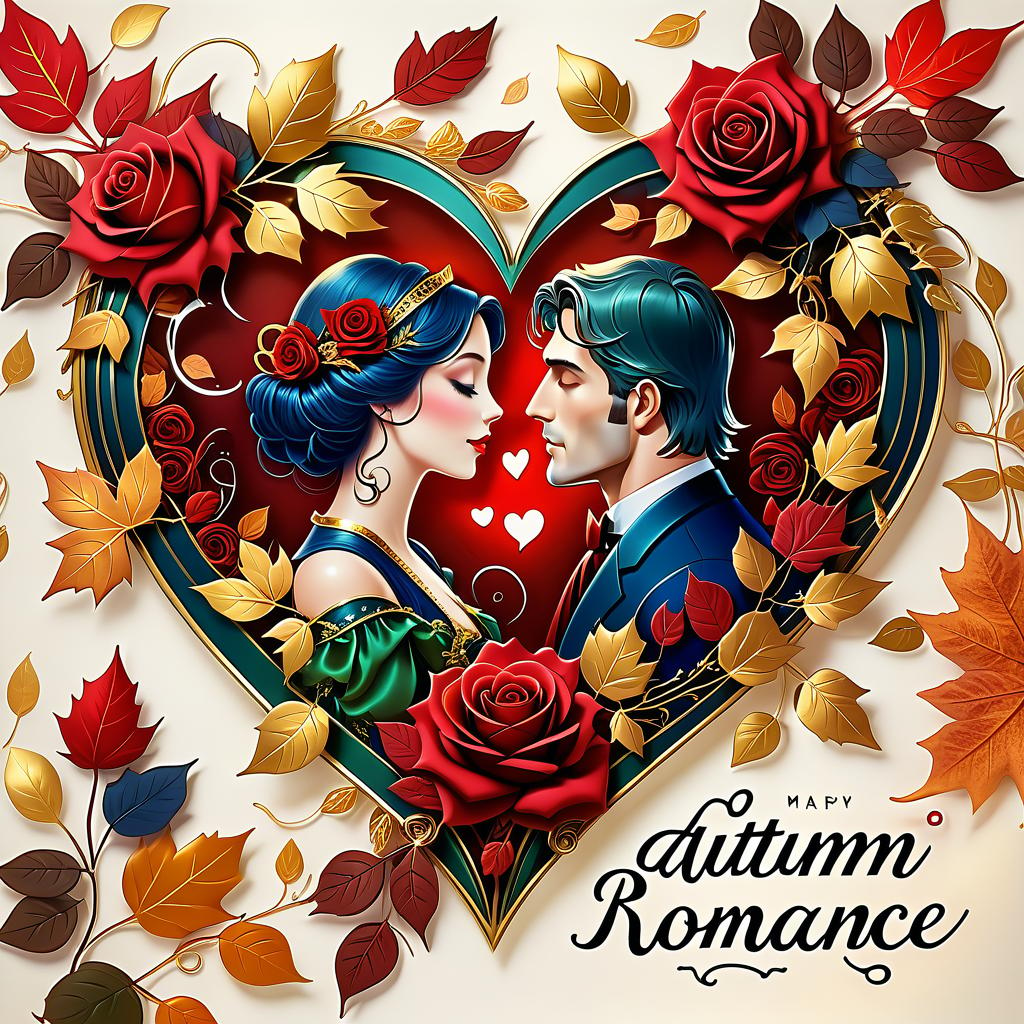  dreamscape (postcard background):falling autumn leaves, red roses, saxophone, satin ribbon, inscription "autumn romance" , retro, vintage, greeting card. autumn in the heart, (beautiful couple):man and woman, two faces in profile, heart scarlet rose (heart), beautiful figure of maple leaves outlines in the shape of a heart. (heart colour):night sky background, gold pattern. (style):fantasy, autumn art, autumn romance. (colours):gold, green gold, navy blue, red, red gold, brown gold, silver, golden blue, bluish blue. . surreal, ethereal, dreamy, mysterious, fantasy, highly detailed