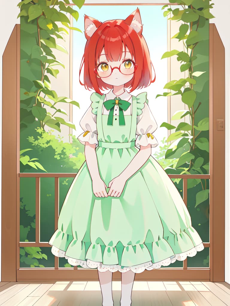  cat ears, brown eyes, standing pictures, round glasses, no background, whole body, red hair bob, mint green maid clothes, masterpiece, best quality,8k,ultra detailed,high resolution,an extremely delicate and beautiful,hyper detail