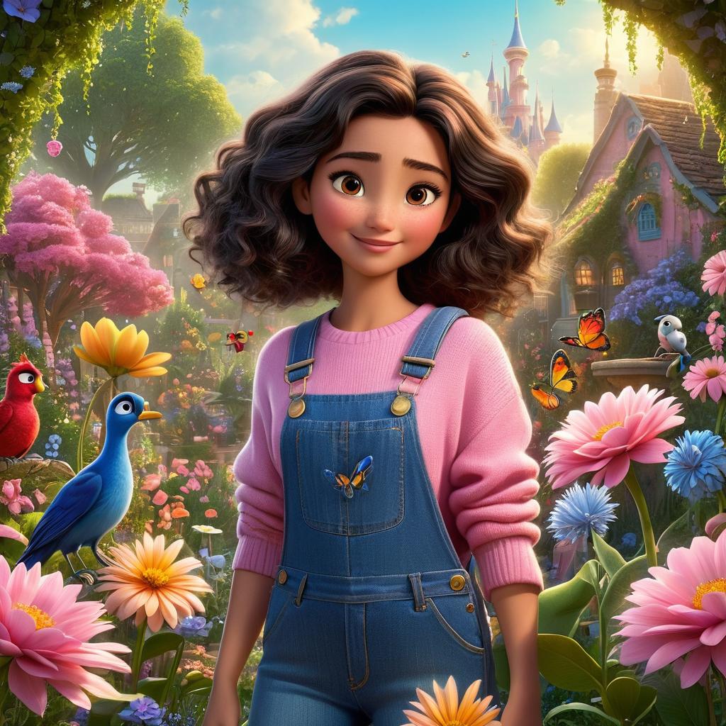  in 3d animated movie style. disney pixar style. fariha, a in a cozy pink sweater with denim overalls, exudes curiosity, imagination, and adventure. she stands at the center of a magical garden, bidding farewell to friendly creatures and vint blooms. rendered in high resolution pixar 3d animation, the scene features a color palette of vint pinks, blues, and greens, enhanced by soft, warm lighting to evoke a magical ambiance. shot from a bird's eye view, fariha is surrounded by whimsical creatures and flowers, creating a captivating composition for the intergalactic cosmic adventure scene.