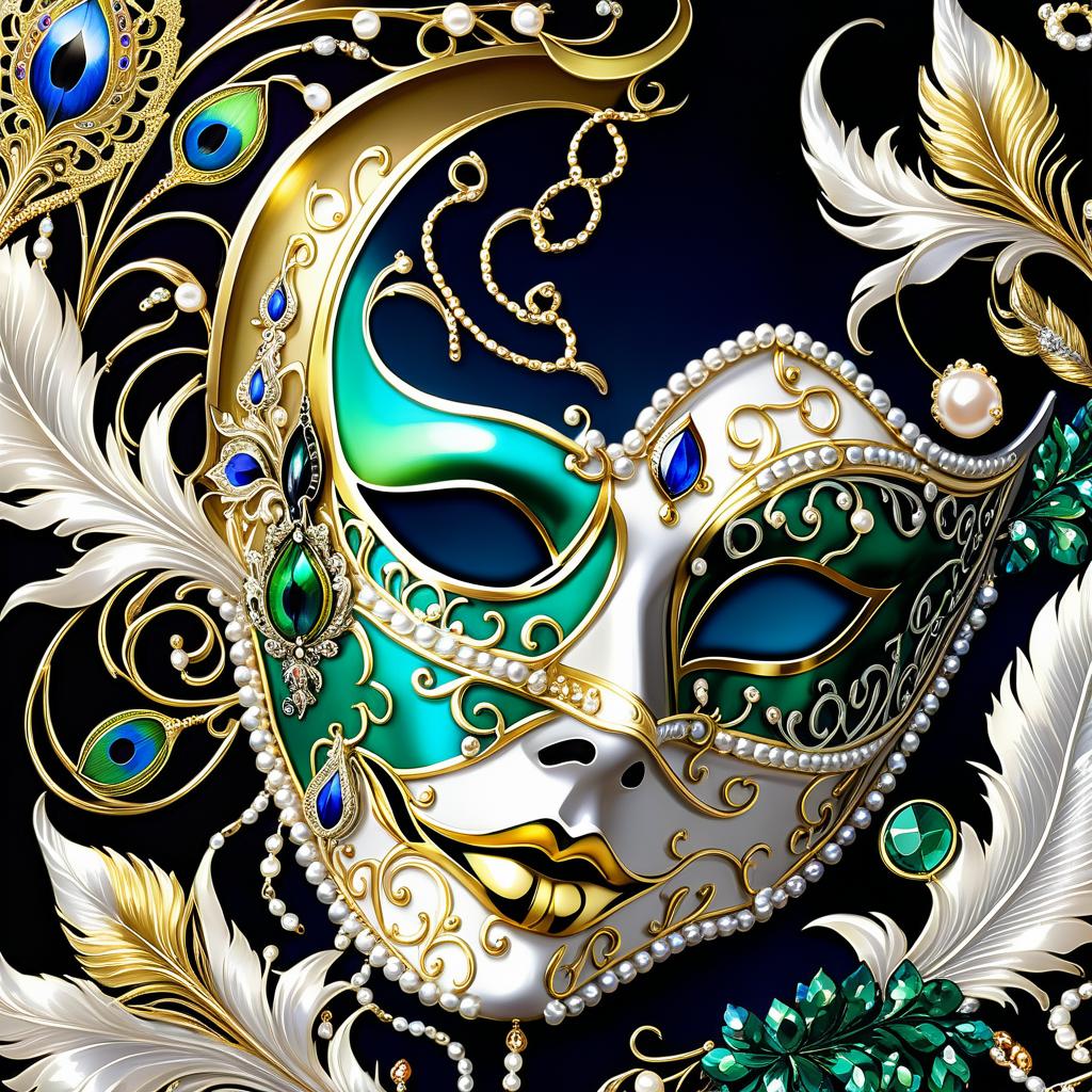  dreamscape (background):black silk cloak, topazes, rubies, emeralds, gold candlestick with white gold flame. ((the eye slits reflect the contours of the palaces and canals of venice1,9)). ((half mask columbine) a mask covering only part of the face. silver mask:with gold patterned ornamentation. colours:light green, blue, pearl cream, peacock feathers, gold and silver beads, gold leaf, gemstones, venetian lace, rhinestones, beads. (style):fantasy, renaissance, dream, mystery, mystery, dream, italy, venice, barcarolle, minestrel. . surreal, ethereal, dreamy, mysterious, fantasy, highly detailed